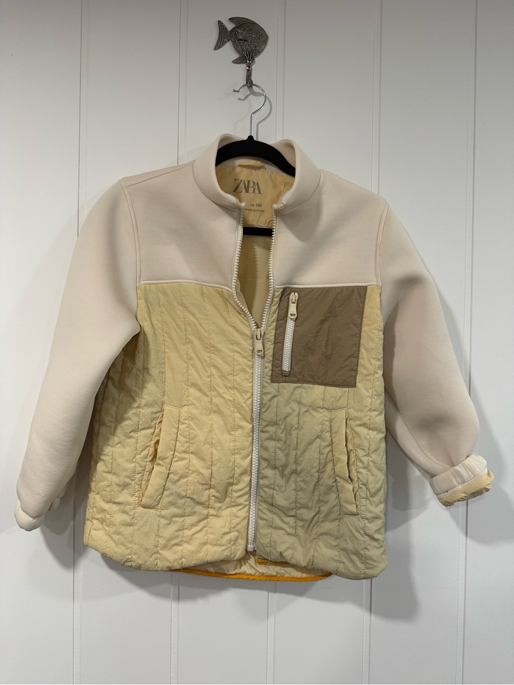 ZARA Girls Cream & Pale Yellow Quilted Zip-Front Jacket